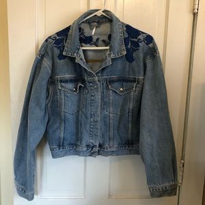 Free People embroidered flower denim bomber jacket
